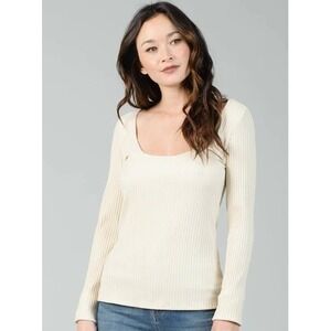 Open Edit Ribbed Square Neck Top Ivory Bone Long Sleeve Knit XS NWT